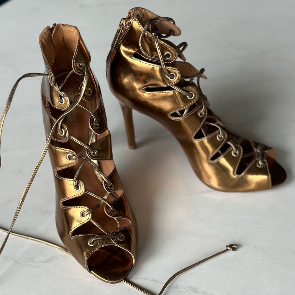 Lace-Up Gold Heeled Sandals